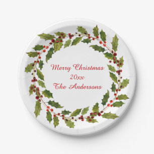 Waterverf Red Berries Holly kerst Papieren Bordje