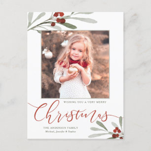 Waterverf Red Berry Greenery kerstfoto Feestdagenkaart