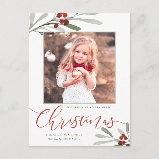 Waterverf Red Berry Greenery kerstfoto Feestdagenkaart (Voorkant)