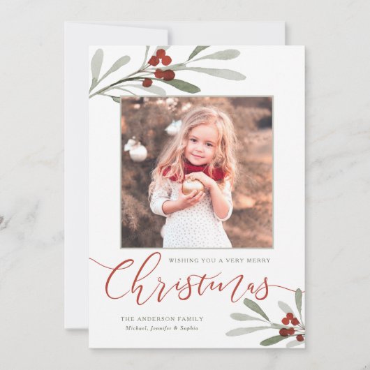 Waterverf Red Berry Greenery kerstfoto Feestdagenkaart (Voorkant)