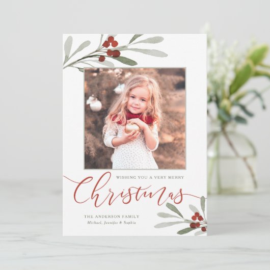 Waterverf Red Berry Greenery kerstfoto Feestdagenkaart (Staand voorkant)