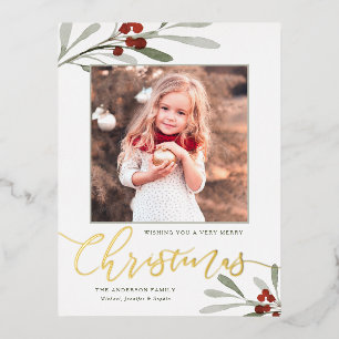 Waterverf Red Berry Greenery kerstfoto Gold Folie Feestdagen Briefkaart
