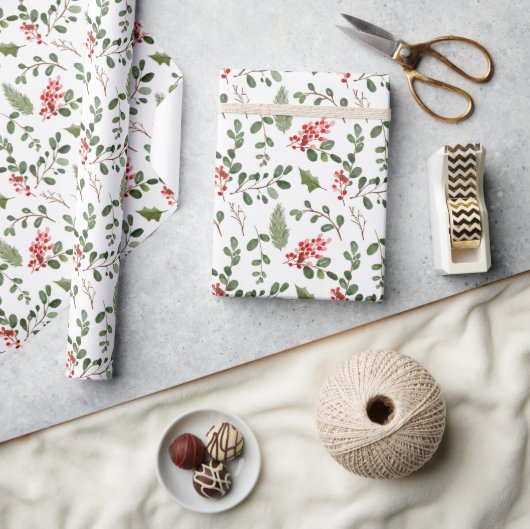 Waterverf Red Berry Holly verlaat het patroon Cadeaupapier (Crafts)