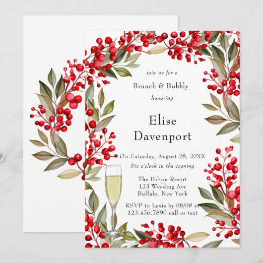 Waterverf Red Berry krans Brunch & Bubbly Kaart (Voorkant / Achterkant)