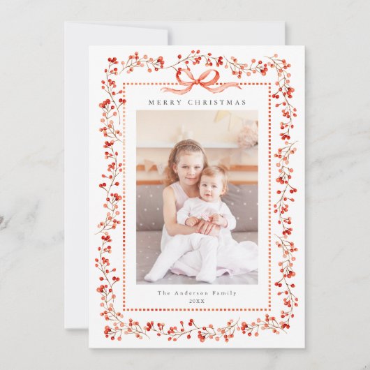 Waterverf Red Berry Lijst 2 Foto Kerst Feestdagenkaart (Voorkant)