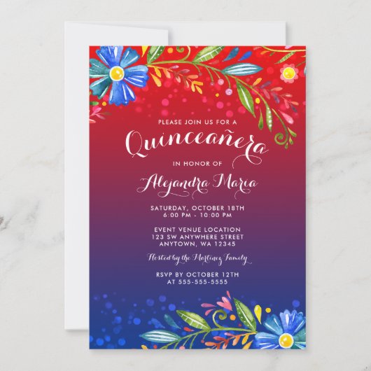Waterverf Red Blue Floral Fiesta Quinceanera Kaart (Voorkant)