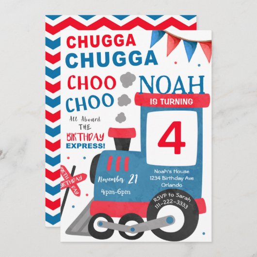 Waterverf Red Blue Train Verjaardagsuitnodiging Kaart (Voorkant / Achterkant)