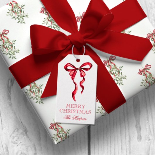 Waterverf Red Bow Christmas Cadeaulabel