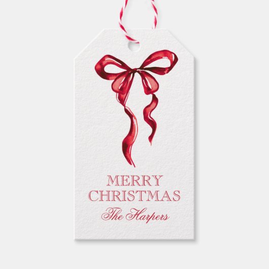Waterverf Red Bow Christmas Cadeaulabel (Voorkant)