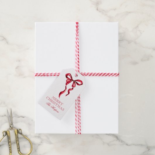 Waterverf Red Bow Christmas Cadeaulabel (Met Touw)