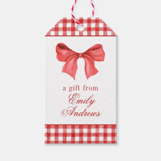 Waterverf Red Bow Gingham Cadeaulabel (Voorkant)
