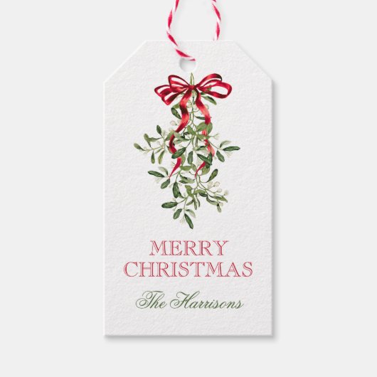 Waterverf Red Bow Mistletoe Christmas Cadeaulabel (Voorkant)