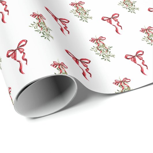 Waterverf Red Bow Mistletoe Christmas Cadeaupapier (Rol Hoek)