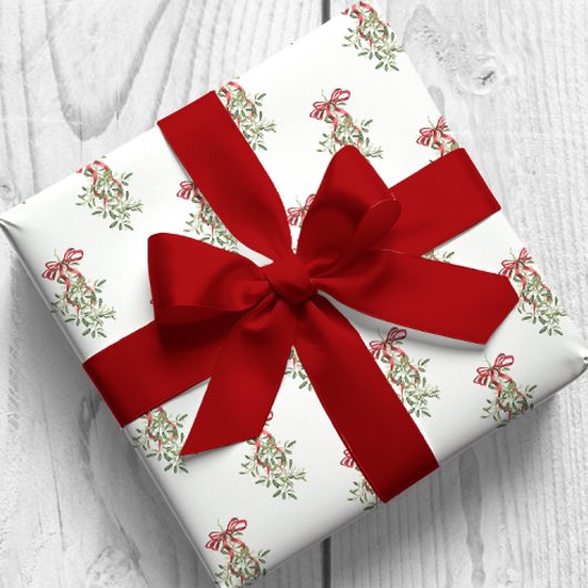 Waterverf Red Bow Mistletoe Christmas Cadeaupapier