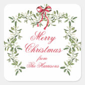 Waterverf Red Bow Mistletoe kerstcadeau Vierkante Sticker (Voorkant)
