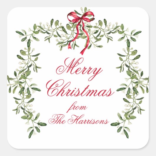 Waterverf Red Bow Mistletoe kerstcadeau Vierkante Sticker (Voorkant)