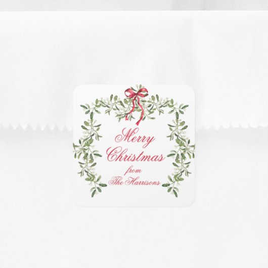 Waterverf Red Bow Mistletoe kerstcadeau Vierkante Sticker