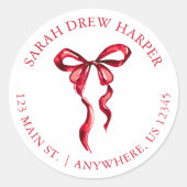 Waterverf Red Bow Retouradres Ronde Sticker (Voorkant)