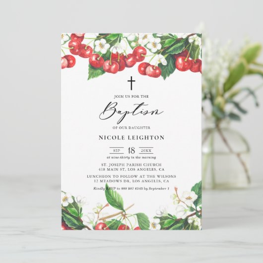 Waterverf Red Cherries Garland Baptisme Kaart (Staand voorkant)