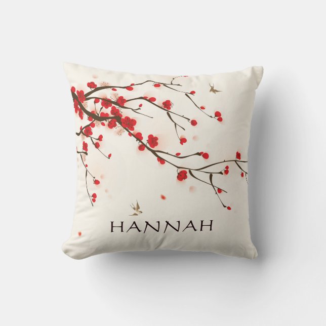 Waterverf Red Cherry Blossoms Floral gepersonalise Kussen (Voorkant)