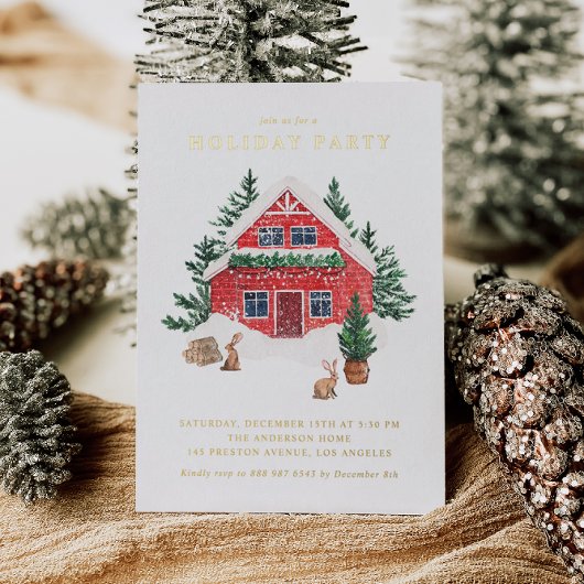 Waterverf Red Cottage Woodland Holiday Party Folie Uitnodiging