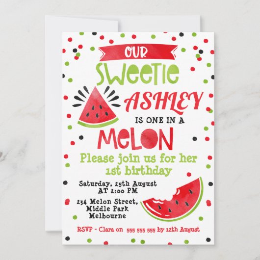 Waterverf Red één in een Melon Birthday uitnodigin Kaart (Voorkant)
