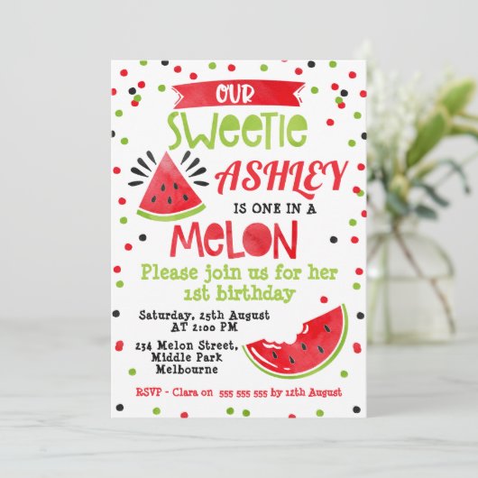 Waterverf Red één in een Melon Birthday uitnodigin Kaart (Staand voorkant)