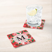 Waterverf Red Floral Monogram Kartonnen Onderzetters (Insitu)