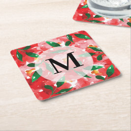 Waterverf Red Floral Monogram Kartonnen Onderzetters