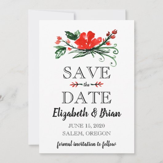 Waterverf Red Floral sla de datum op Save The Date (Voorkant)