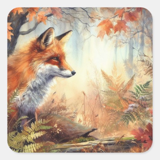 Waterverf Red Fox Herfst herfst kleur Natuur Vierkante Sticker (Voorkant)