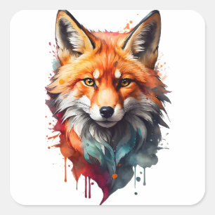 Waterverf Red Fox Splatter Portrait Ink Splash Vierkante Sticker