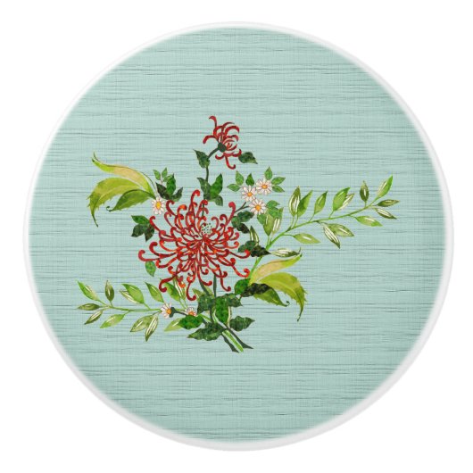 Waterverf Red Gerbera Daisy w / Greenery Keramische Knop (Voorkant)