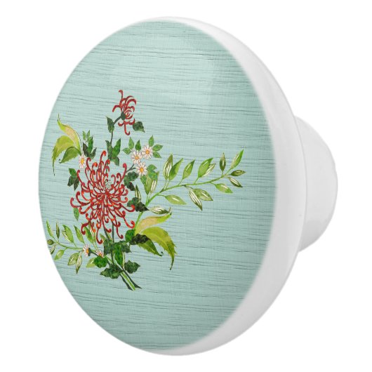 Waterverf Red Gerbera Daisy w / Greenery Keramische Knop (Rechts)