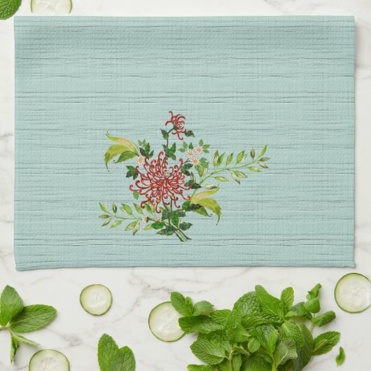 Waterverf Red Gerbera Daisy w / Greenery Theedoek (Gevouwen)