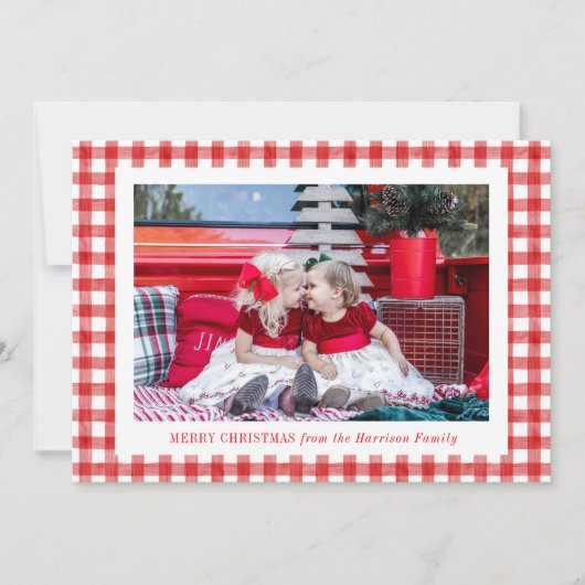 Waterverf Red Gingham Foto Kerstmis Feestdagenkaart (Voorkant)