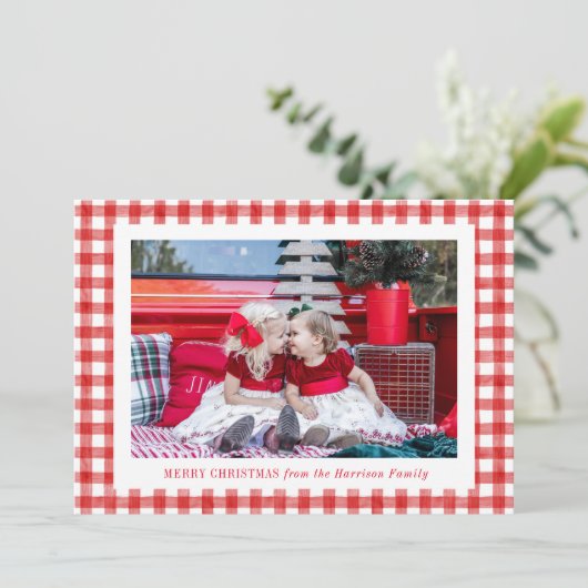 Waterverf Red Gingham Foto Kerstmis Feestdagenkaart (Staand voorkant)