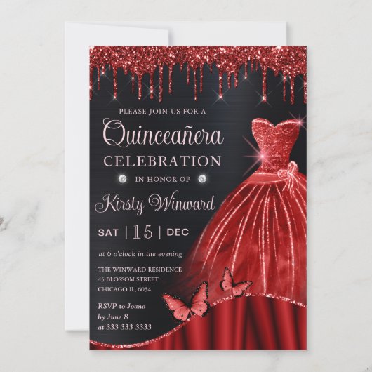 Waterverf Red Glitter Dress Quinceanera Kaart (Voorkant)