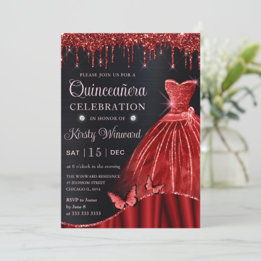 Waterverf Red Glitter Dress Quinceanera Kaart (Staand voorkant)