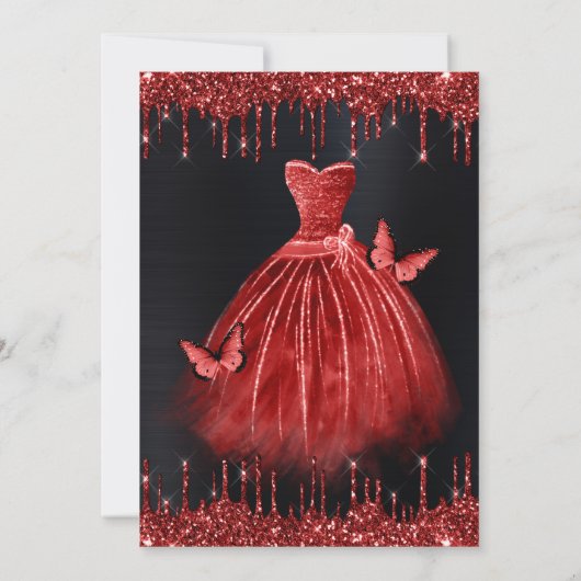 Waterverf Red Glitter Dress Quinceanera Kaart (Achterkant)