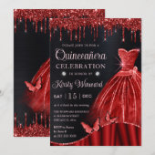 Waterverf Red Glitter Dress Quinceanera Kaart (Voorkant / Achterkant)
