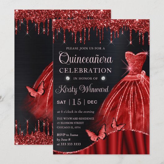 Waterverf Red Glitter Dress Quinceanera Kaart (Voorkant / Achterkant)