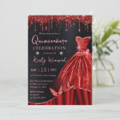 Waterverf Red Glitter Dress Quinceanera Kaart (Staand voorkant)