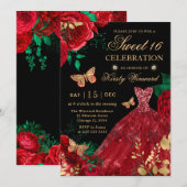 Waterverf Red Glitter Dress & Rozen Sweet Sixteen Kaart (Voorkant / Achterkant)