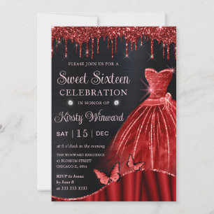 Waterverf Red Glitter Dress Sweet Sixteen Kaart