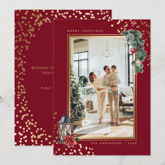 Waterverf Red Gold Elegant met kerstmis Feestdagenkaart (Voorkant / Achterkant)