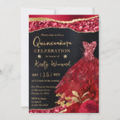 Waterverf Red & Gold Glitter Dress Quinceanera Kaart (Voorkant)