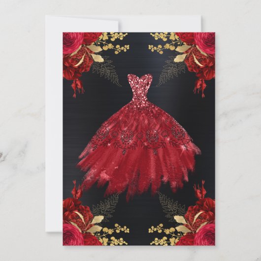 Waterverf Red & Gold Glitter Dress Quinceanera Kaart (Achterkant)