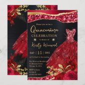 Waterverf Red & Gold Glitter Dress Quinceanera Kaart (Voorkant / Achterkant)