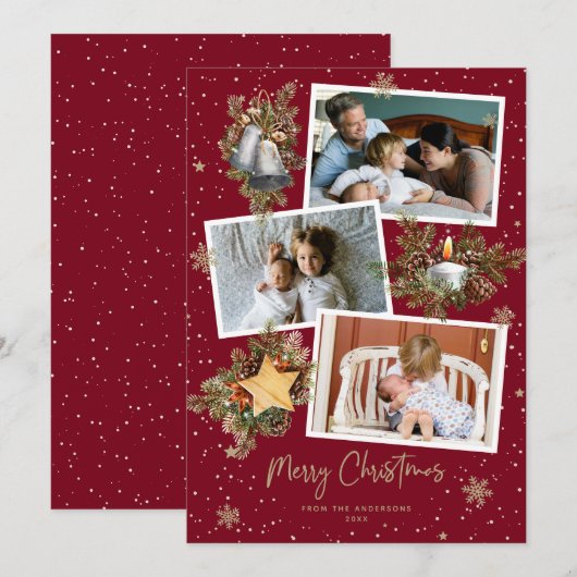 Waterverf Red Gold Photo Merry-kerstkaarten Feestdagenkaart (Voorkant / Achterkant)